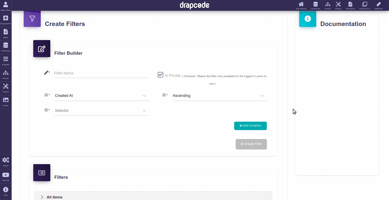 DrapCode Builder Collection Filter Condition