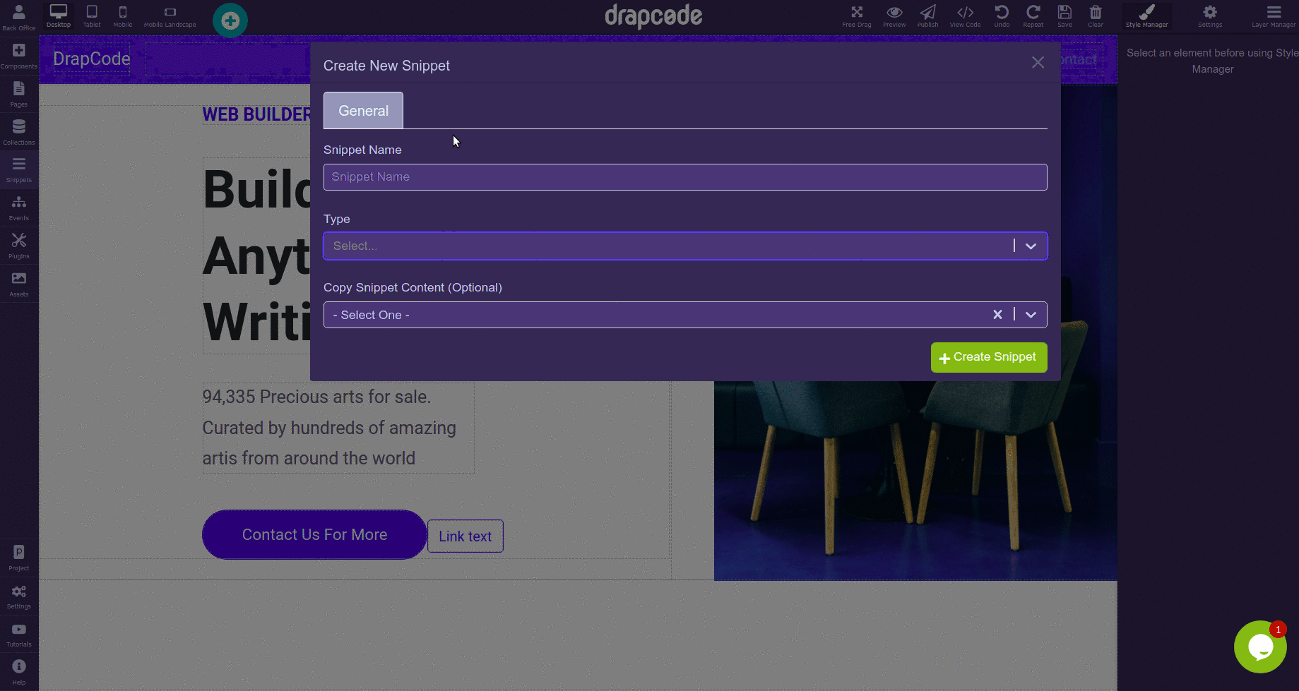 DrapCode Builder Snippet Creation