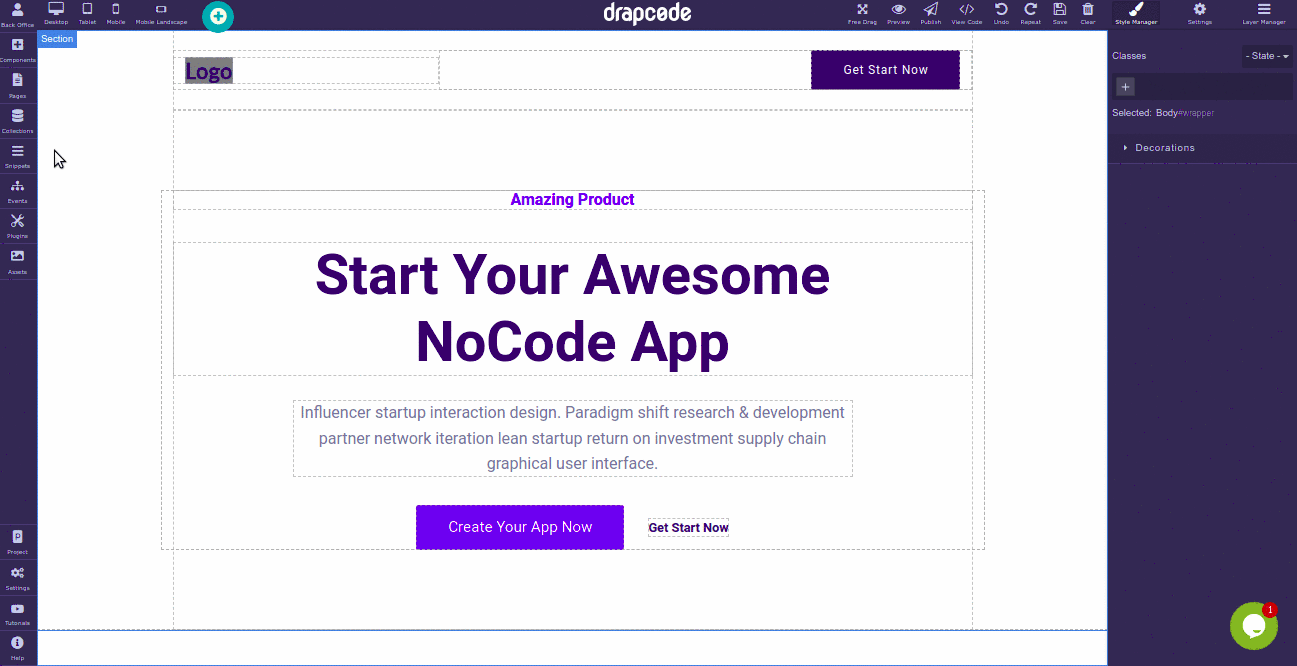 DrapCode Builder Snippet Creation