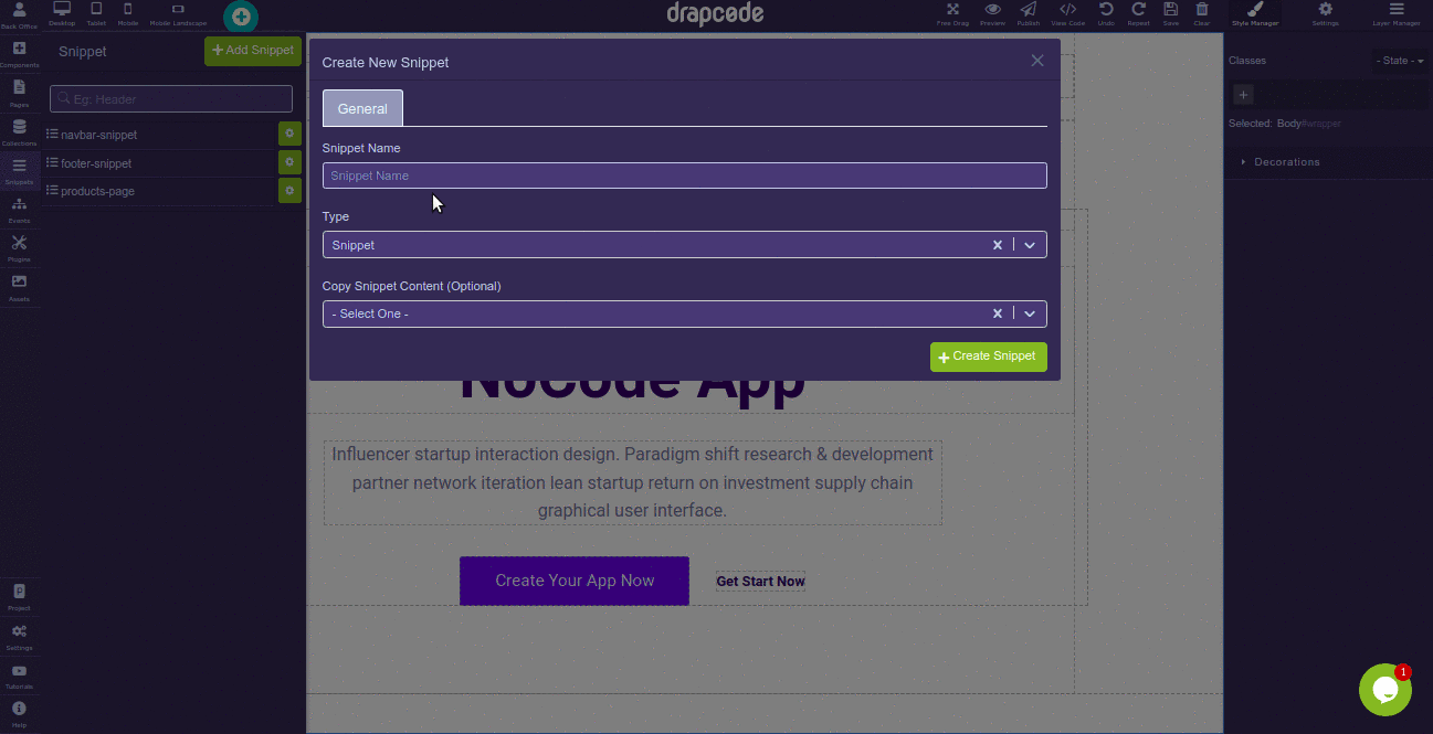 DrapCode Builder Snippet Creation